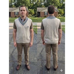 Vintage IZOD Sweater Vest L Mens Tan Cable Knit Cricket V-Neck Linen Cotton Y2K